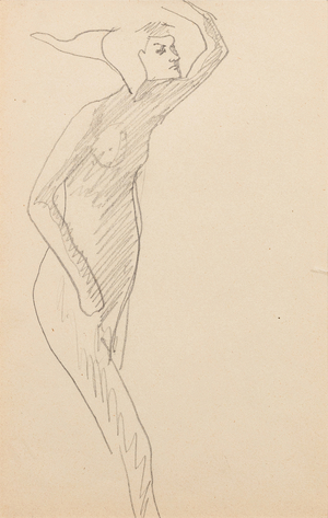 Sketch of a nude woman in right profile, left arm raised (Pencil on paper)