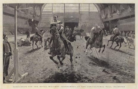 Rehearsing for the Royal Military Tournament at the Agricultural Hall, Islington (engraving)