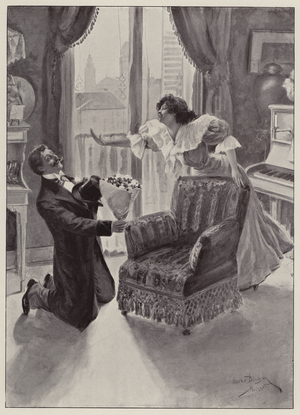 Woman trying to evade her suitor's marriage proposal (litho)