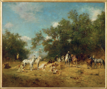 Arab riders halt in a wood (painting on canvas)