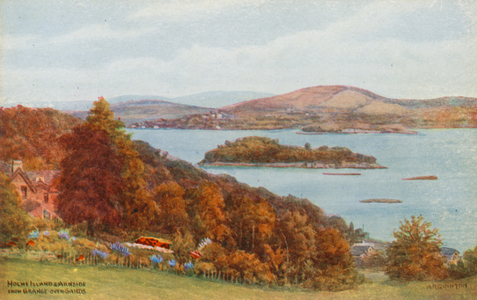 Holme Island and Arnside, from Grange-over-Sands (colour litho)