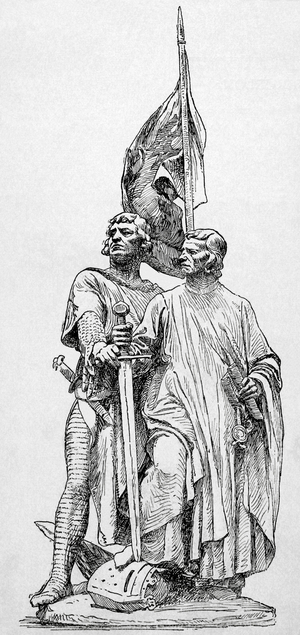 Monument to the patriots Jan Breydel and Pieter de Coninck  by the sculptor Paul de Vigne (engraving)