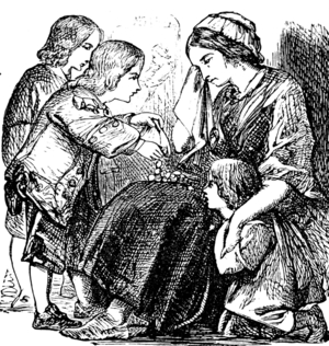 A wealthy boy giving money to a beggar