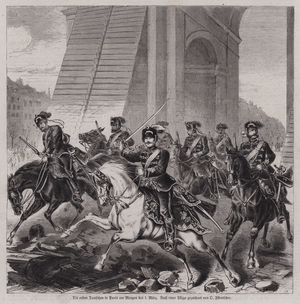 The first German soldiers entering Paris to occupy the city after the end of the Franco-Prussian War, 1 March 1871 (engraving)