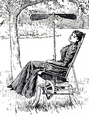 An engraving depicting a young woman relaxing in a garden rocking chair, cooling herself with a fan, 19th century