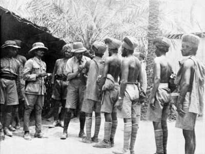 Photograph of Indian troops lined up to receive inoculations, c.1916 (b/w photo)