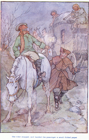 The Rider stopped, and handed the passenger, a small folded paper  (litho)