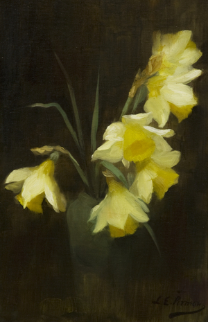 Daffodils in a vase (oil on canvas)