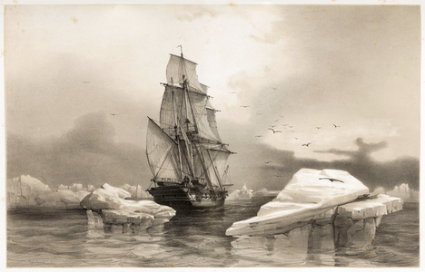 Corvettte "La Recherche" near Bear Island on 7th August, 1838,  from Voyages en Scandinavie, en Laponie, au Spitzberg et aux Feroe, pub. 1852 (engraving)