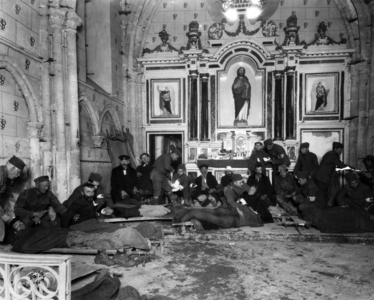 French wounded soldiers have taken refuge in Saint Pierremont church where they are waiting to be treated, 1st world war