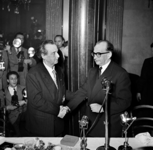 Arthur Honneger, swiss composer (1892-1955) receiving the grand cross of Legion of Honour by Edgar Faure , december 1954 (photo)