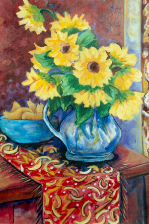 Sunflowers on Table with Decorative Cloth 2005 Hyacinth Manning (b.1954 African-American) Acrylic on Canvas