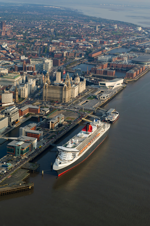 RMS Queen Mary 2 (QM2), Liverpool Cruise Ship Terminal, River Mersey, Liverpool, Merseyside, England, September 2011 (photo)