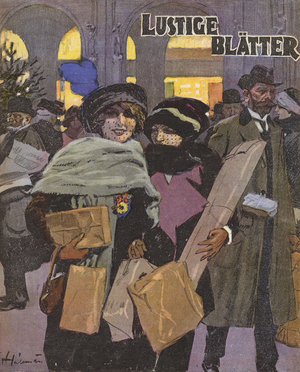 Women Christmas shopping (colour litho)