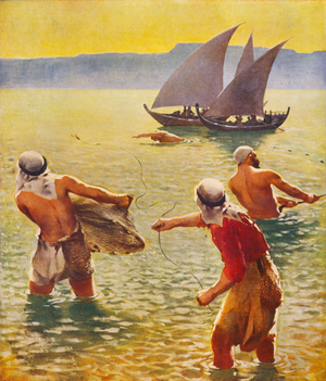 Holy Land: Fishing in the Lake of Galilee (colour litho)