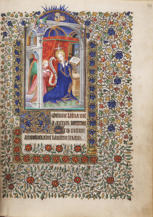 MS Widener 6 f.29r, Annunciation, from a Book of Hours, use of Paris, 1415-20 (pen & ink and tempera on vellum) (see also 3703384-6)