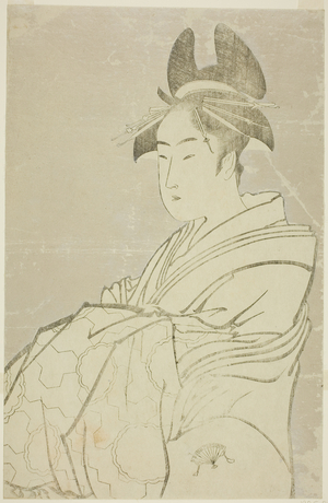 Miyahito of the Ogiya, Whose Assistants Are Tsubaki and Shirabe (Ogiya uchi Miyahito, Tsubaki, Shirabe), 1793-94 (key block print with mica)
