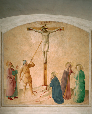 Cella 42: Crucifixion with Virgin, soldier Longinus and saints