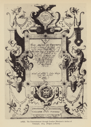 The Entertainment through London, Harrison's Arches of Triumph, 1604 (litho)