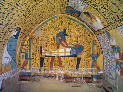 Anubis before embalmed Khaemteri, Tomb of Servant in Place of Truth Khaemteri (mural painting)