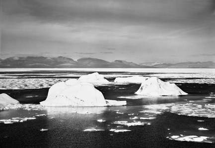 Photograph of iceflows on the water (b/w photo)