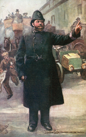 Policeman controlling traffic (colour litho)