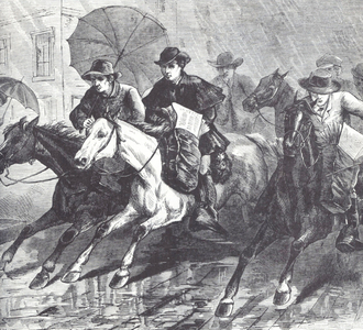 Horsemen racing to deliver newspapers (engraving)