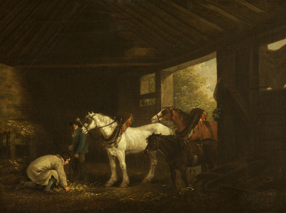 Horses and Farmhands in a Stable