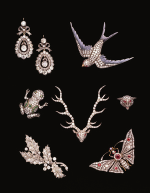 A collection of Victorian diamond brooches including a diamond and enamel swallow in flight, a diamond-emerald frog, a diamond-ruby stag's head, a pave-set fox mask, a diamond holly sprig and a ruby-diamond tremblant butterfly, as well as a pair of George III graduated diamond pendant earrings, c.1870-80 (diamond)