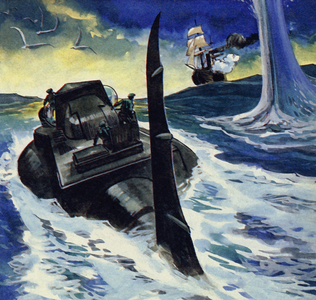 In the English Channel, the ship opened fire on the Nautilus (colour litho)