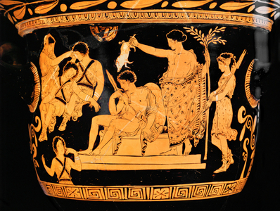Red-figured bell-crater from Apulia: Apollo purifies Orestes with the blood of a piglet …