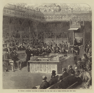 Mr Disraeli addressing the House of Commons for the First Time as Prime Minister (engraving)