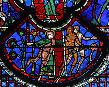 The Good Samaritan window: Aam and Eve expelled from Paradise by an angel with a sword (w44) (stained glass)