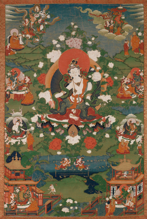 Bodhisattva Padmapani and other Deities, late 18th century (Thangka: colours on cloth, cloth mountings, wooden dowels)