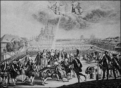 The Ismailov Guard taking the oath to Catherine II at St Petersburg, Russia, reproduction of an 18th century original (print)