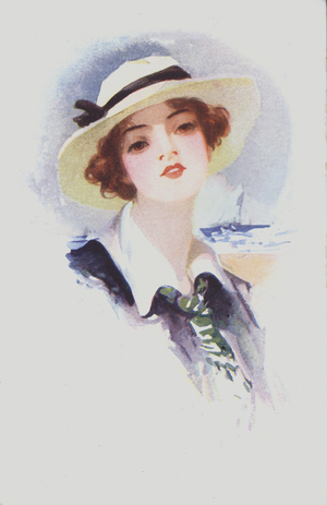 Portrait of a woman wearing a hat (colour litho)