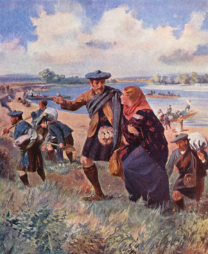 Settlers from Kildonan arriving at the Red River, Manitoba (colour litho)