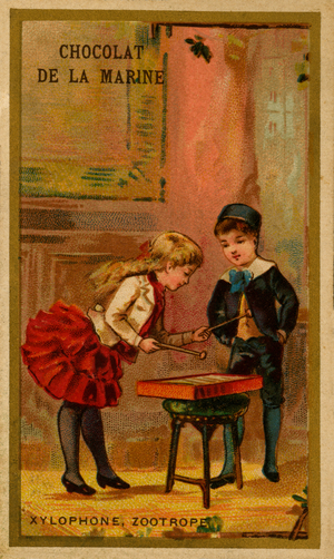 Girl playing the xylophone French advert card for 'Chocolat de la Marine', 19th century (print)