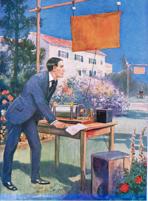 One of Marconi's earliest experiments, illustration from'Cassell's Romance of Famous Lives', c.1940 (colour litho)