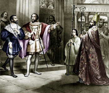 German emperor Charles V (1500-1558) and French king Francois 1st (1494-1547) visiting tombs in St Denis basilica, France, engraving colourized document