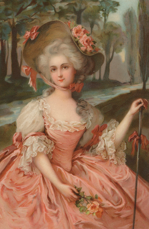 18th Century woman wearing a pink gown (chromolitho)