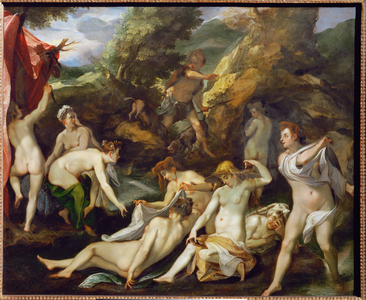 Diana and her companions surprised by Aktaion, who is then changed into a stag killed by his own dogs (painting on copper)