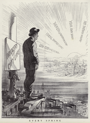 City worker dreaming of escaping to the country to start again (litho)