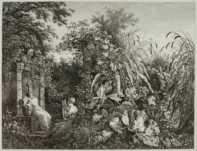 Youth playing a lyre to a young woman by a fountain, c.1802-03 (etching)