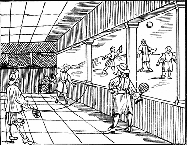 Young men playing a form of tennis. Woodcut from Commenius Orbis sensualis pictura. 16th century (woodcut)
