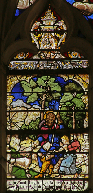 Scene from the life of St Roche: he is supported by an angel and a dog while living in the forest  (stained glass)