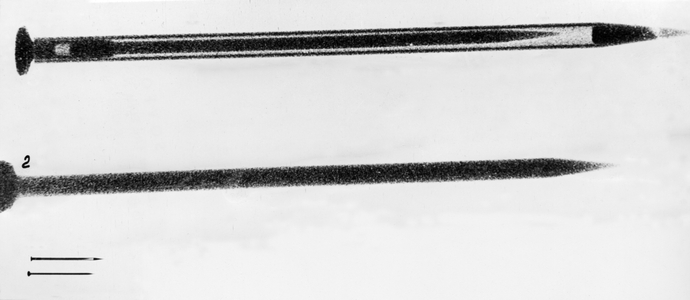 Top: X-Ray Photograph of One of the Poison Pins Gary Powers Was Provided with (Enlarged 9 Times), Figure 2: Inside Needle of the Pin with the Grooves Filled with Poison, Bottom: Actual Size of Poison Pin, Shown with an Ordinary Pin, 1960, U2 Spy Plane Misson.