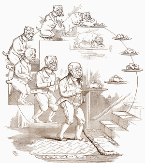 Satire on Charles Darwin's theory of evolution.  From El Museo Popular published Madrid, 1887
