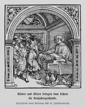 Schoolteacher receiving New Year's gifts, early 16th Century (woodcut)