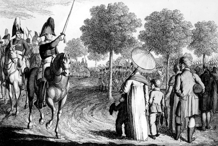 Entry of czar Alexander 1st of Russia and Frederick William III of Prussia in Dresde april 24, 1813 before the battle against napoleonic army (august 1813), engraving